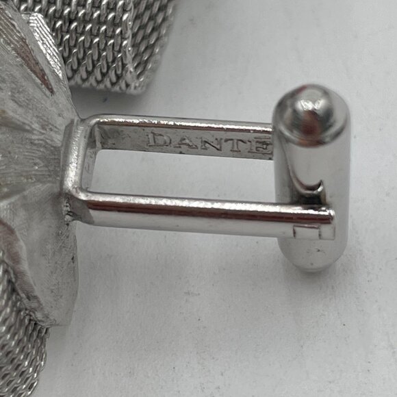 Vintage Dante Silver-Tone Cufflinks With Blue Rhinestones & Mesh Chain Design - Picture 5 of 5